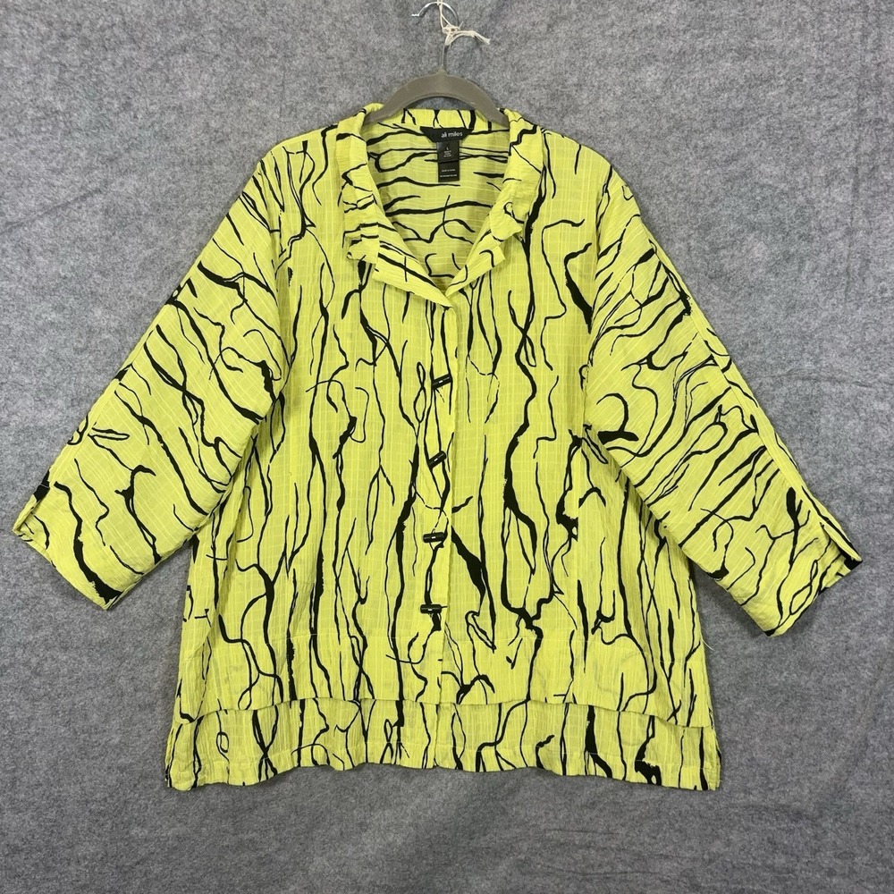 Ali Miles Blouse Women Sz L Yellow Black Textured Hi Lo Hem Lightweight